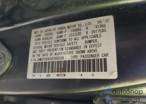 2008 Honda Accord 2.4 Lx-P z USA, uszkodzony, nr VIN JHMCP26428C006339